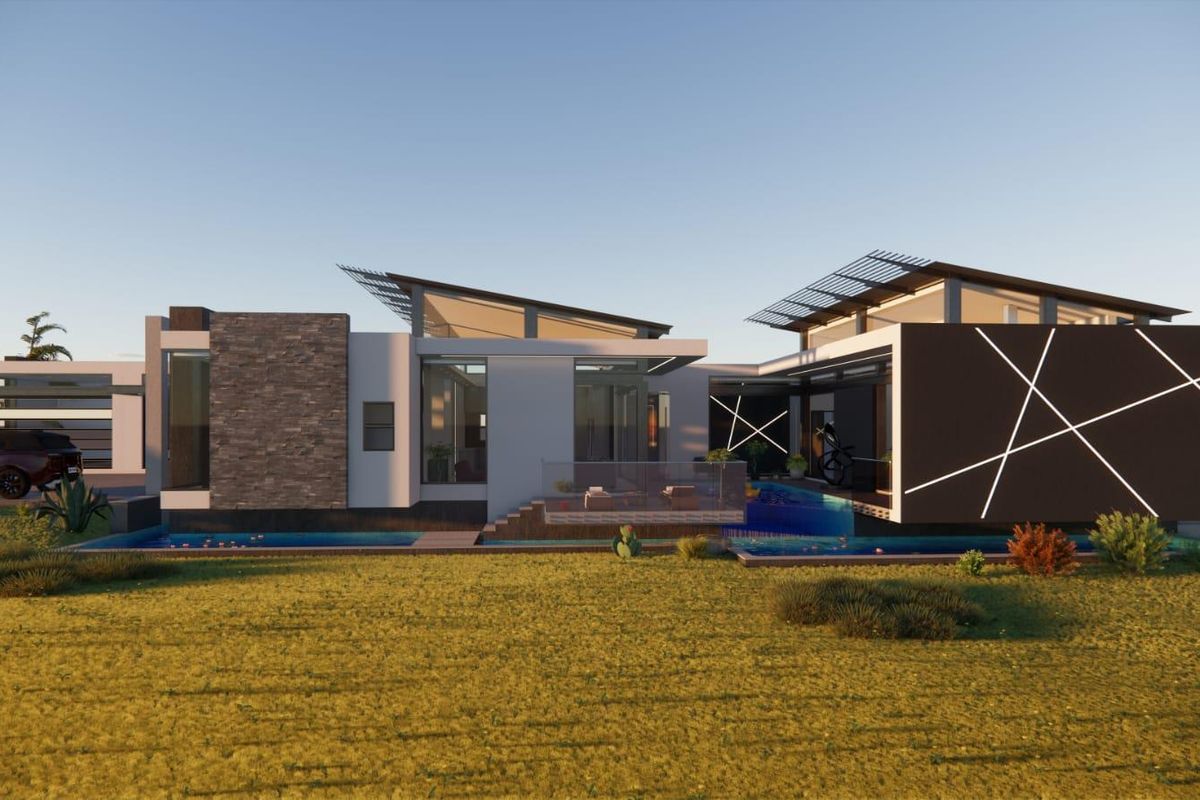 A modern architectural rendering of a luxury residence featuring a swimming pool, stone cladding, and contemporary geometric facade design.