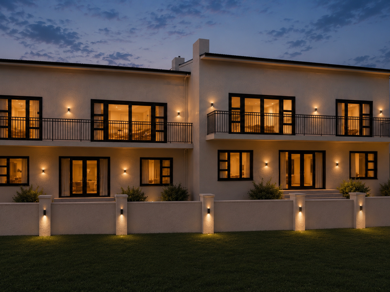 A modern two-story residential exterior at dusk, featuring a balcony with metal railings, extensive exterior lighting, and a secure boundary wall.