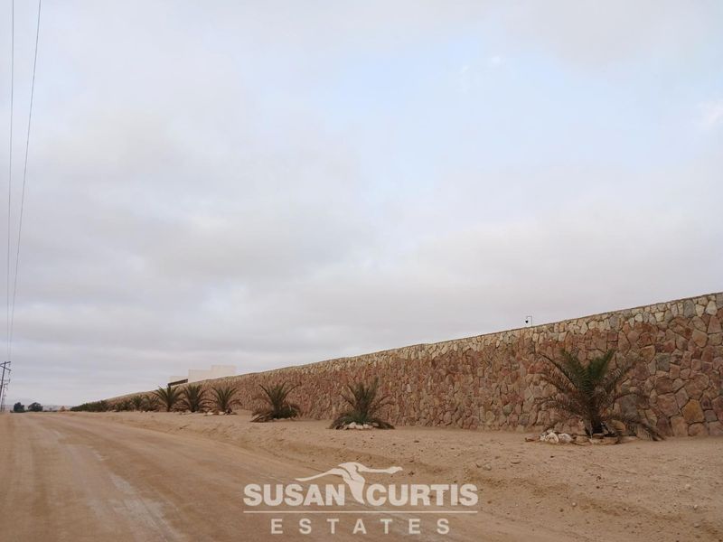 A view of a residential property boundary featuring a long, well-constructed stone wall and established palm trees along a dirt road.