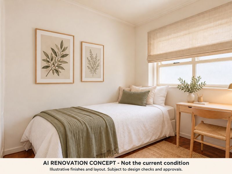 A well-lit bedroom featuring timber flooring, a built-in wardrobe, and a neutral color palette with a roman blind.