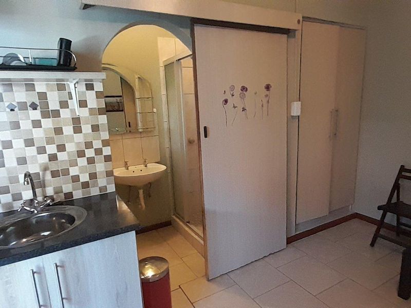 Compact open-plan studio apartment featuring a kitchenette with tiled backsplash, built-in storage, and an en-suite bathroom with a shower and pedestal basin.