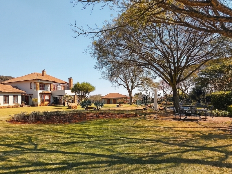 Spacious rear garden view featuring a large well-maintained lawn, mature trees, and the rear elevation of the multi-level residential property with terracotta roofing.