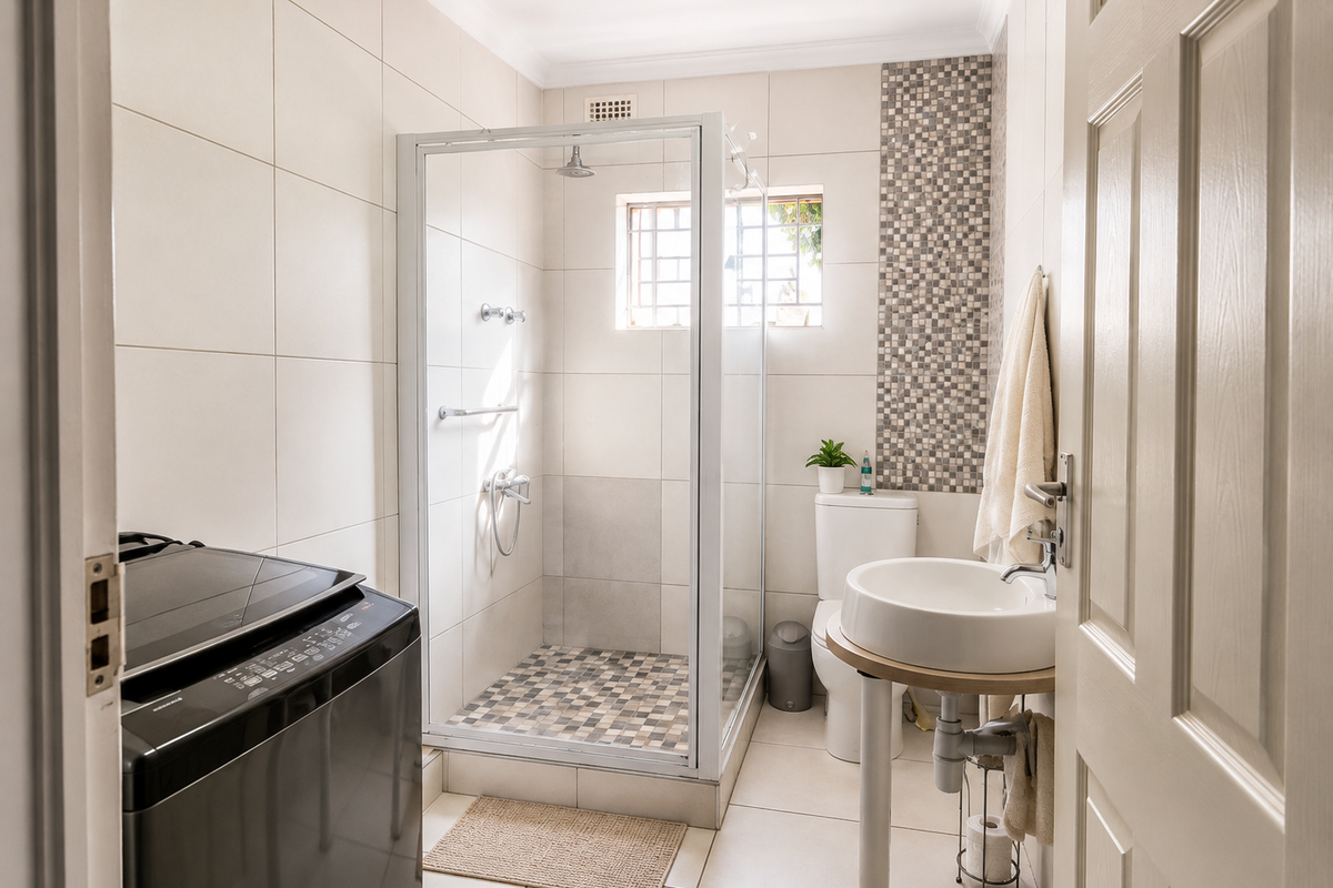 A clean, modern bathroom featuring a glass shower enclosure, mosaic tile accents, a pedestal sink, and a toilet, with neutral wall and floor tiling.