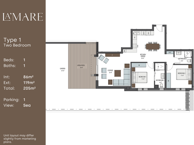 A detailed architectural floor plan for a two-bedroom apartment unit, showcasing the layout of the living area, kitchen, bedrooms, bathrooms, and outdoor garden space.