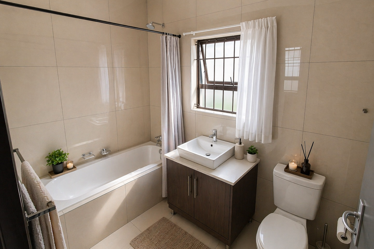 A modern, well-maintained bathroom featuring floor-to-ceiling beige tiling, a built-in bathtub with shower head, a vanity cabinet with a vessel sink, and a toilet.
