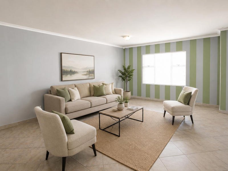 A bright and spacious living room featuring neutral tiled flooring, cove cornicing, and a combination of solid and striped accent walls.