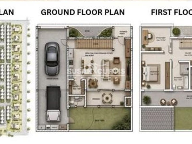 Architectural floor plans showing the site layout, ground floor, and first floor configuration of the townhouse property.