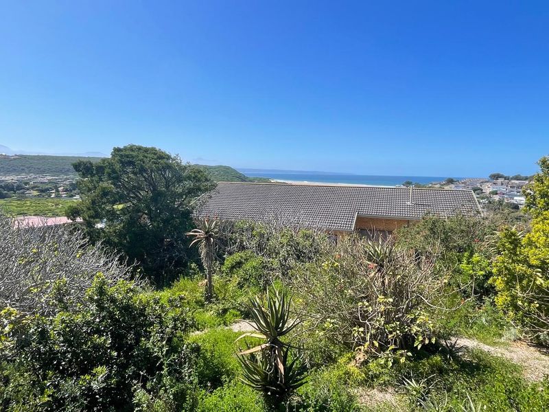 A scenic elevated view overlooking a residential property with a tiled roof, surrounded by lush coastal vegetation and distant ocean views.