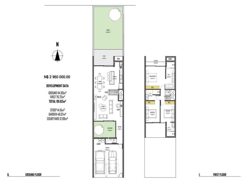 Architectural floor plan showing the layout of the ground and first floors, including three bedrooms, open-plan living areas, and a double garage.