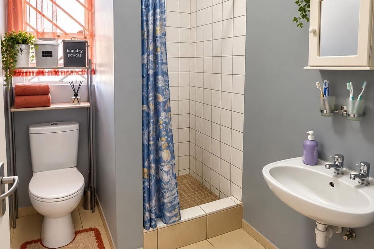 A functional bathroom featuring a tiled shower enclosure, a wall-mounted basin with chrome fixtures, and a standard toilet.