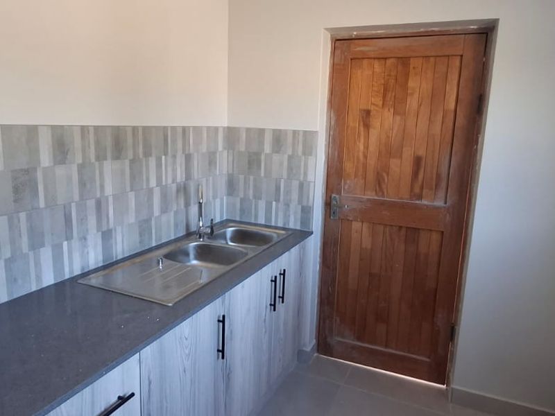 A clean and functional scullery area featuring modern laminate cabinetry, a stone countertop, stainless steel double sink, and a classic timber door.