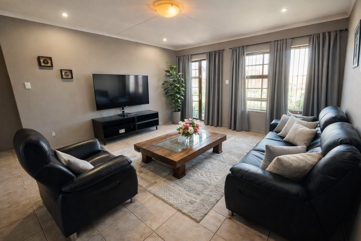 A well-maintained living room featuring tiled flooring, recessed lighting, and large windows with security bars, providing access to the exterior via a glass door.