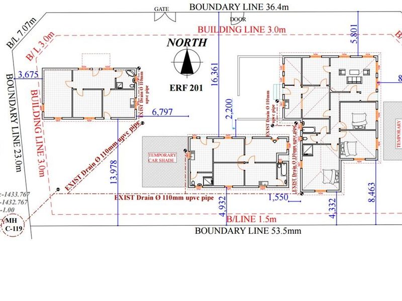 A detailed site plan and floor layout diagram showing property boundaries, building lines, and drainage infrastructure for Erf 201.
