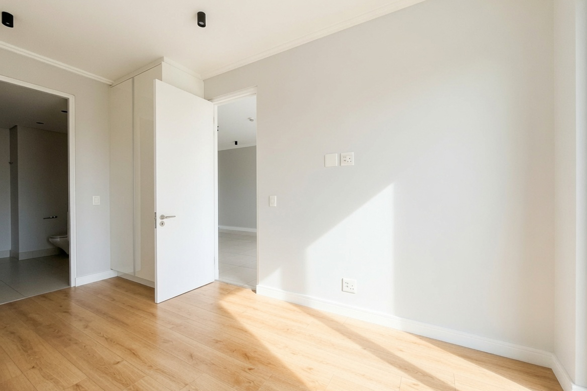 A bright, empty bedroom featuring modern laminate flooring, built-in cupboards, and neutral walls, with an adjoining bathroom visible through the doorway.