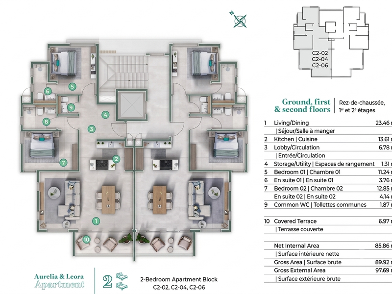 A detailed architectural floor plan for a two-bedroom apartment, showcasing the layout of living areas, bedrooms, bathrooms, and a covered terrace.