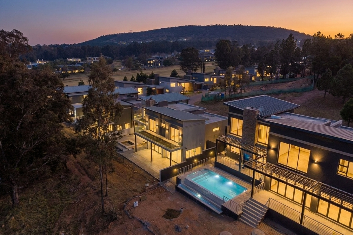 Aerial view of modern multi-story residential properties featuring private swimming pools, expansive balconies, and contemporary architectural finishes at dusk.