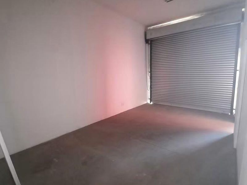 An empty garage space featuring a secure roller shutter door, concrete flooring, and basic overhead lighting, suitable for storage or vehicle parking.