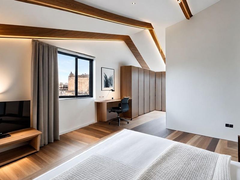 Modern bedroom featuring high-quality hardwood flooring, exposed timber ceiling beams, integrated cabinetry, and a built-in desk area with natural light.