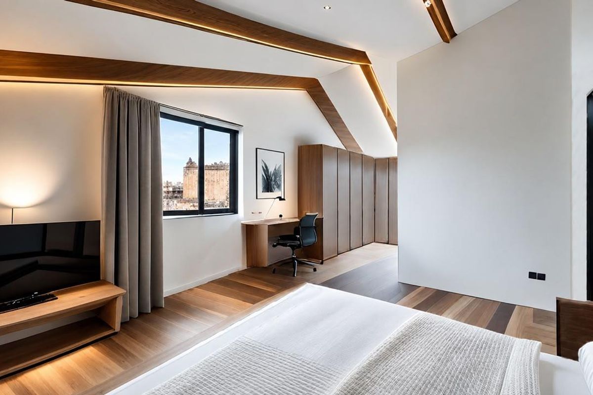 Modern bedroom featuring high-quality hardwood flooring, exposed timber ceiling beams, integrated cabinetry, and a built-in desk area with natural light.