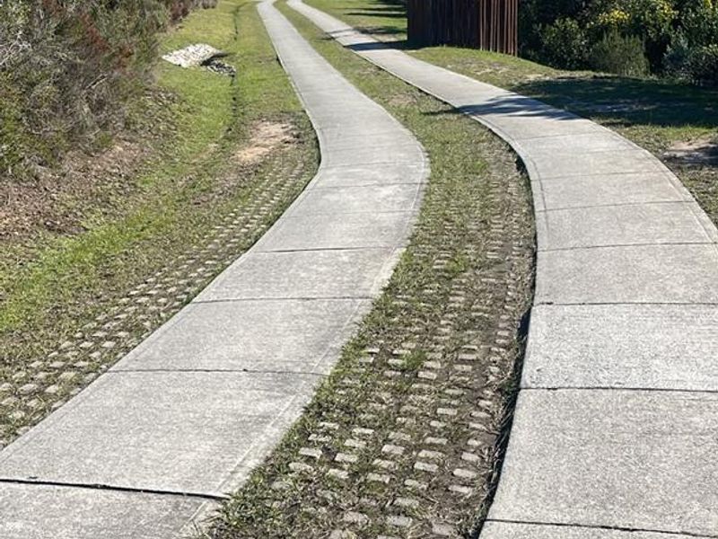 A paved concrete driveway with grass paver center strip leading through a landscaped residential plot with natural vegetation.