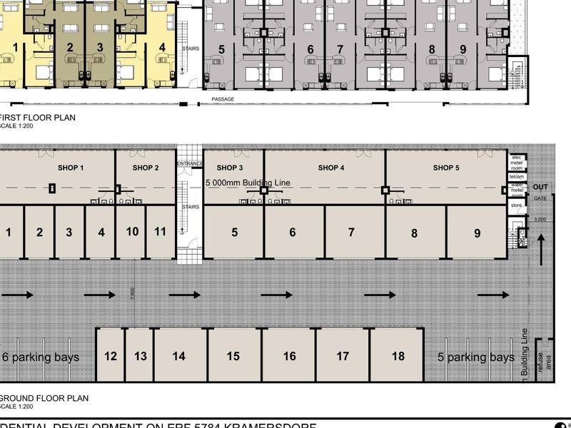 Architectural floor plan showing the first floor residential layout and ground floor parking and commercial shop configuration for the development.