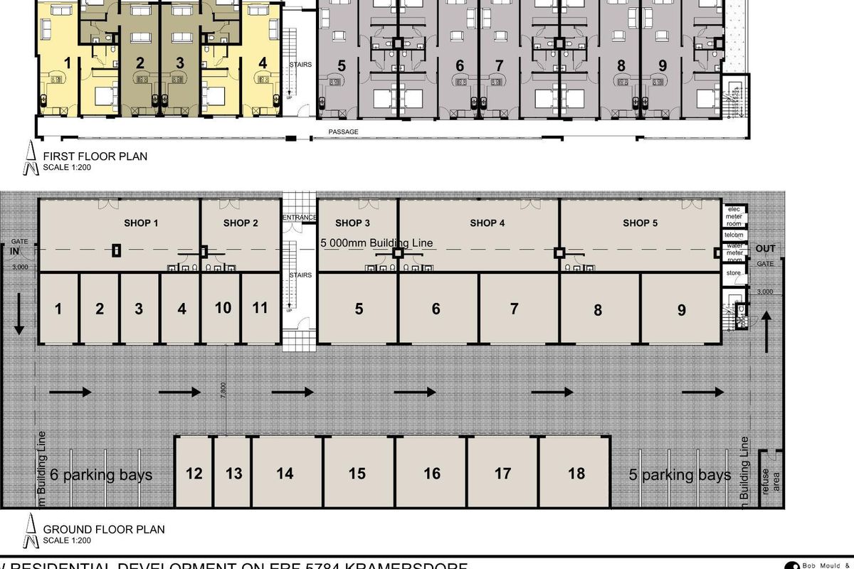 Architectural floor plan showing the first floor residential layout and ground floor parking and commercial shop configuration for the development.