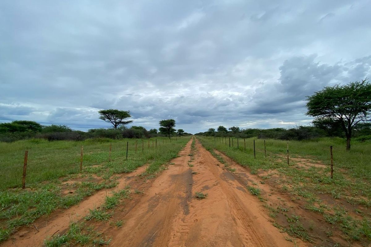 A dirt access road leading through the small holding, bordered by wire fencing and natural bushveld vegetation under a cloudy sky.