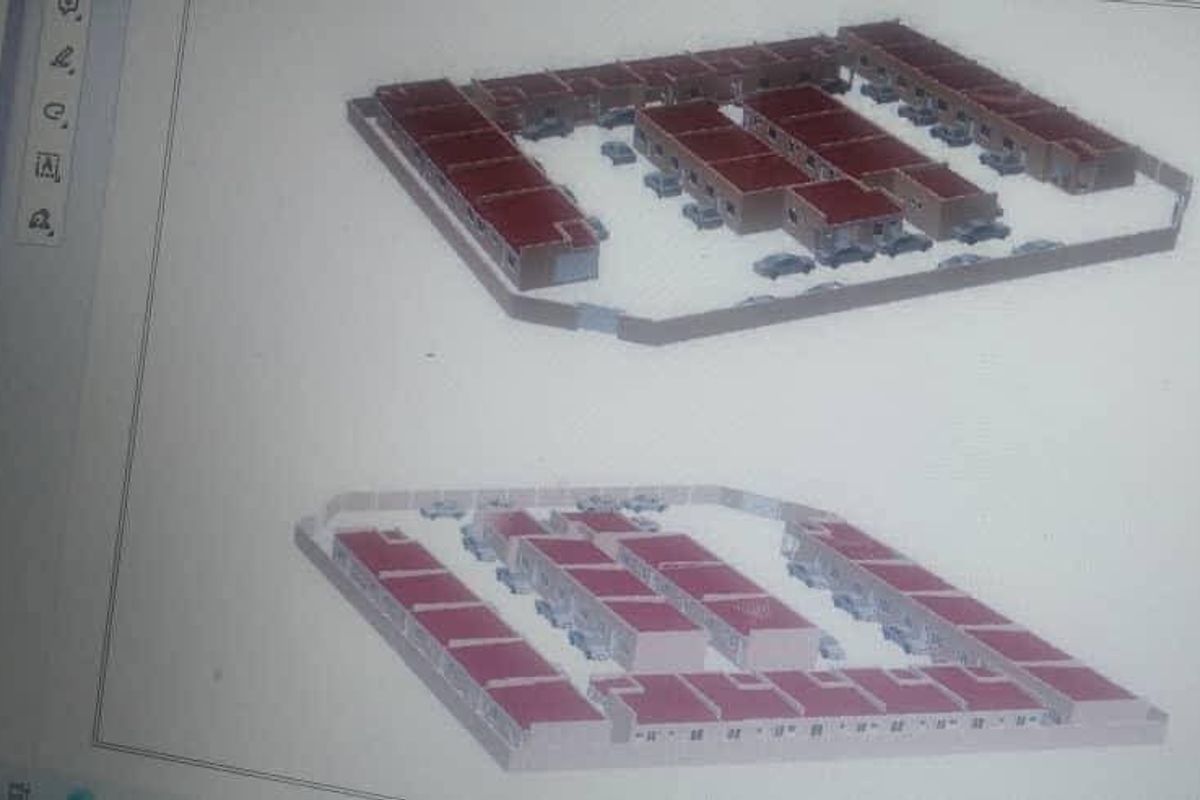 A digital architectural site plan showing the layout of a residential complex with multiple units and parking areas.