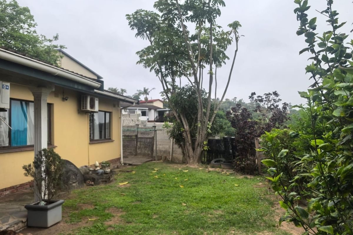 A rear garden view featuring a covered patio area, established trees, and a concrete boundary wall, offering potential for landscaping improvements.