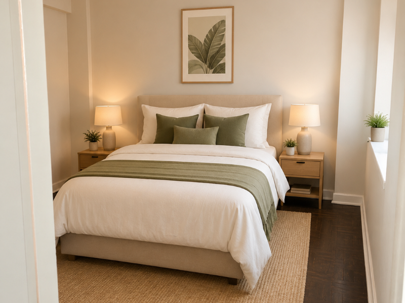 A well-lit bedroom featuring dark parquet flooring and neutral wall finishes, presented in a clean and inviting style.