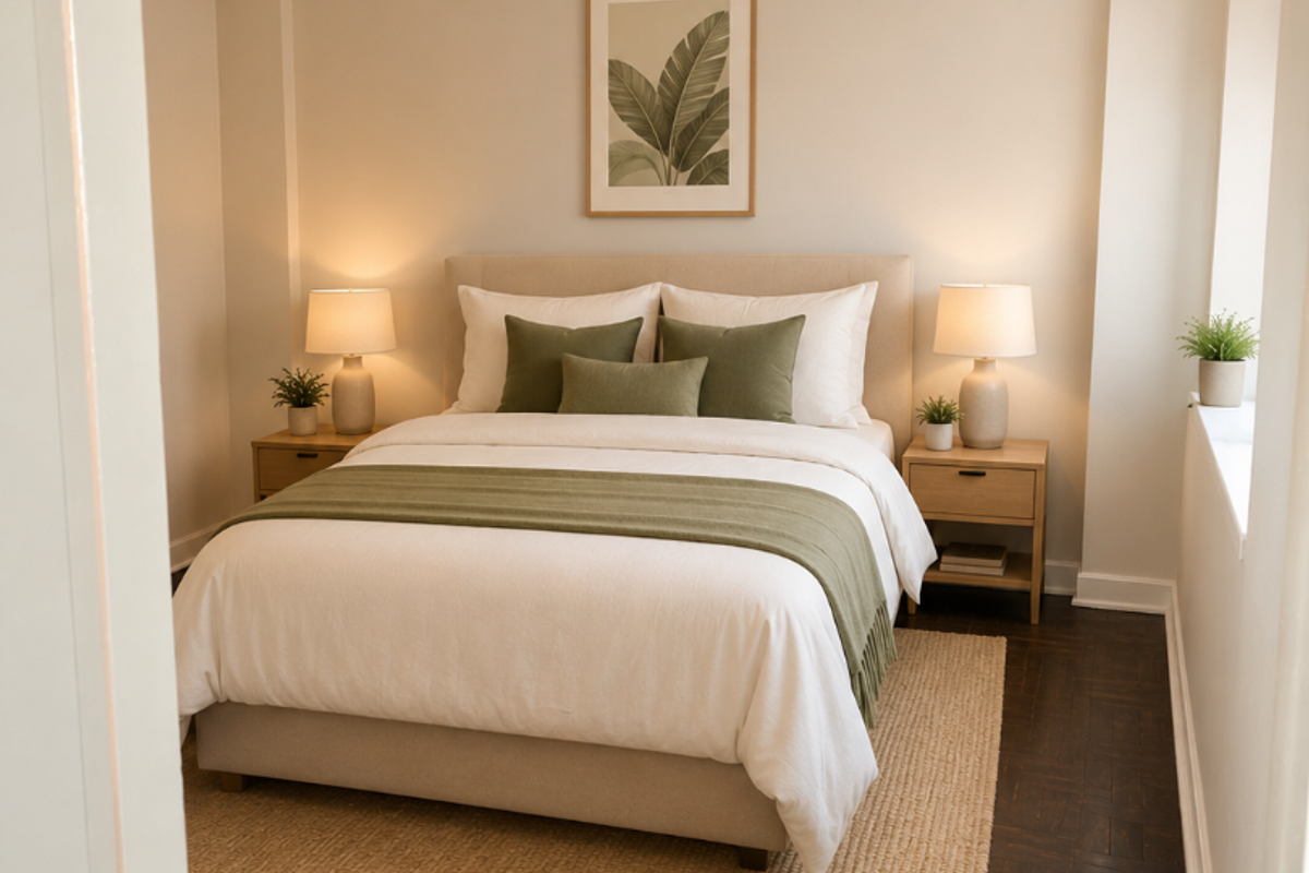A well-lit bedroom featuring dark parquet flooring and neutral wall finishes, presented in a clean and inviting style.
