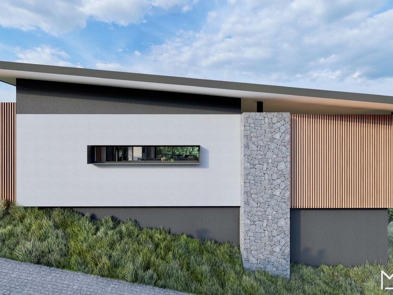 A modern architectural exterior view featuring a combination of stone, timber slat, and rendered finishes with a sleek skillion roof design.