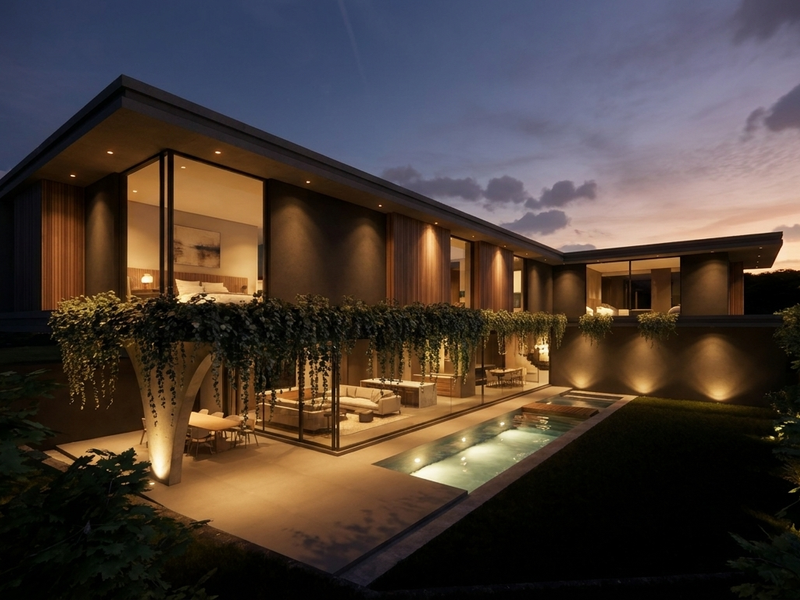 A modern luxury residence at dusk featuring a swimming pool, expansive covered patio, and floor-to-ceiling glass walls overlooking a landscaped garden.