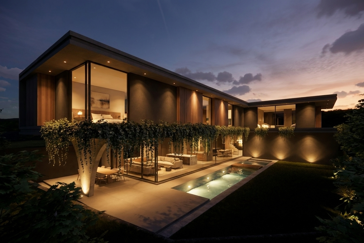 A modern luxury residence at dusk featuring a swimming pool, expansive covered patio, and floor-to-ceiling glass walls overlooking a landscaped garden.
