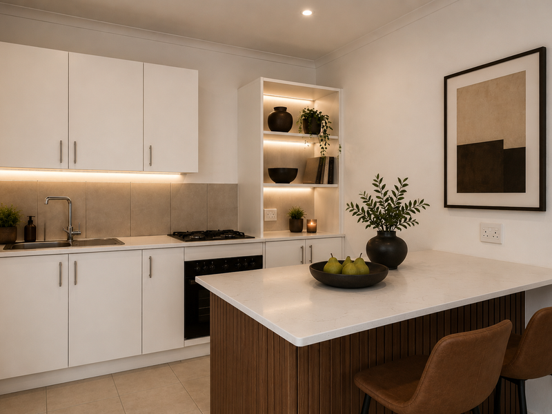 Modern kitchen featuring white cabinetry, stone countertops, integrated appliances, and a functional island with wood-panel detailing and warm accent lighting.