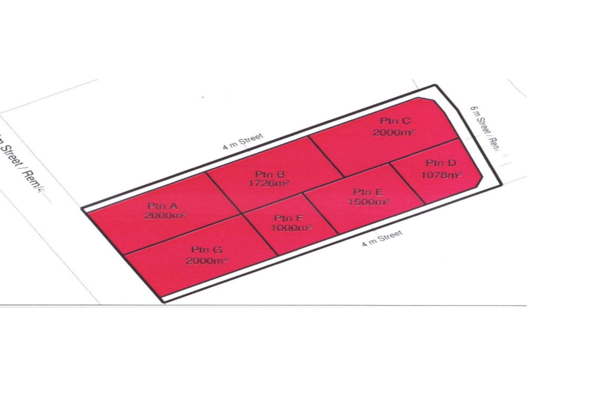 A site layout plan showing the subdivision of commercial land into seven distinct portions with street access.