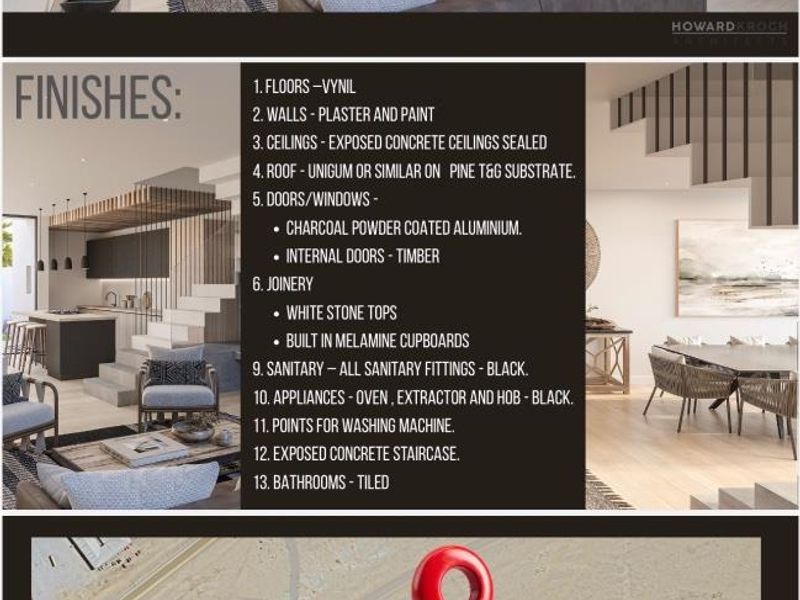 A modern open-plan living and kitchen area featuring high-end finishes, including stone countertops, exposed concrete staircase, and large sliding doors leading to the garden.