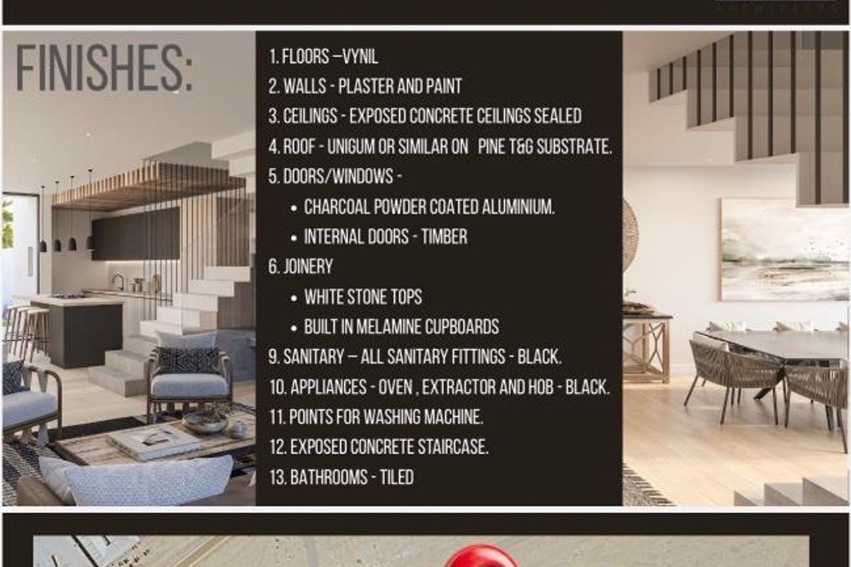 A modern open-plan living and kitchen area featuring high-end finishes, including stone countertops, exposed concrete staircase, and large sliding doors leading to the garden.