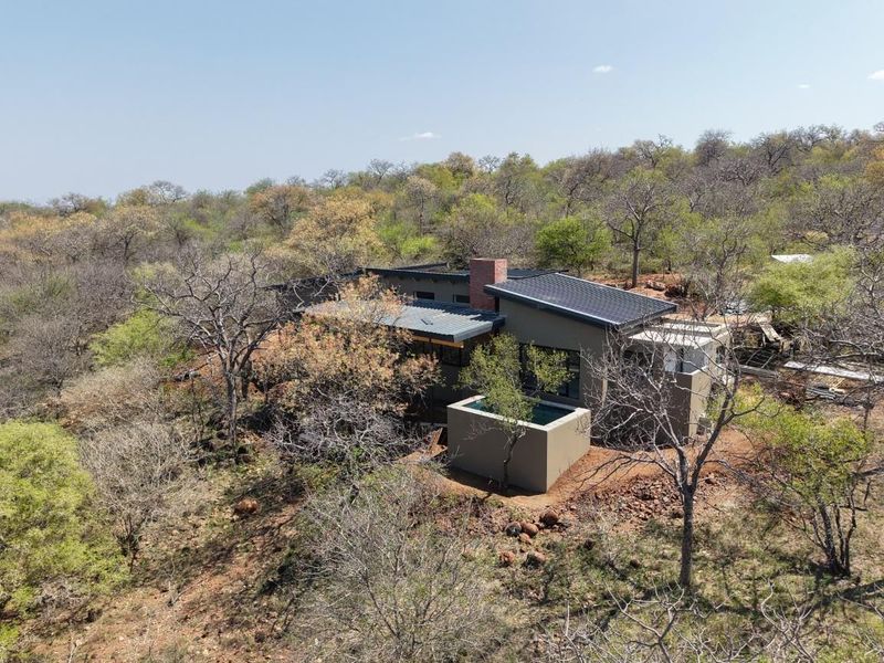 Aerial view of a modern bushveld home featuring a plunge pool, brick chimney, and contemporary architectural design set within a natural landscape.
