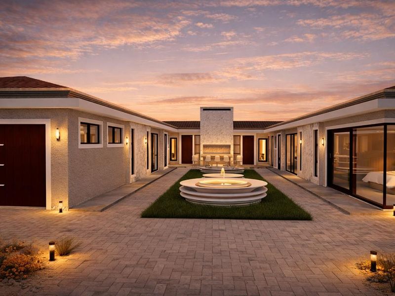A modern courtyard featuring a central fountain, paved patio, and outdoor fireplace, surrounded by the home's wings with integrated lighting.