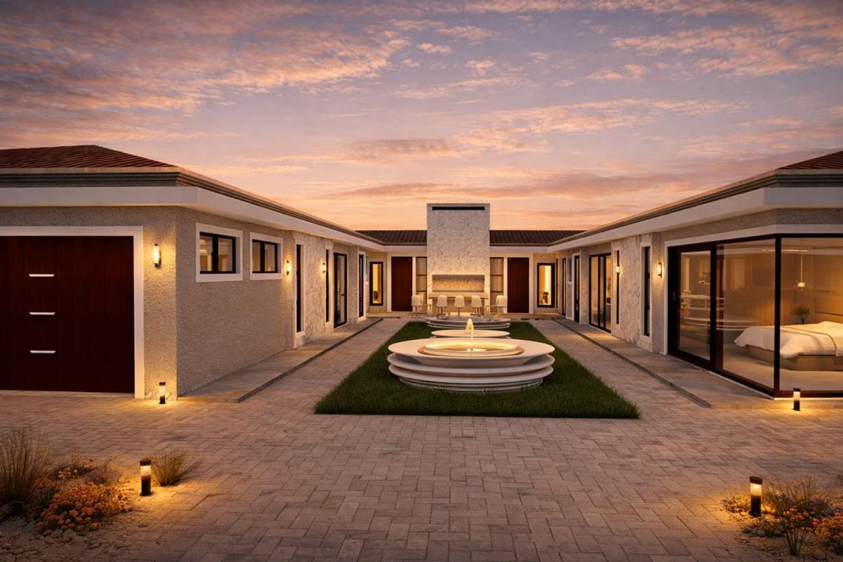 A modern courtyard featuring a central fountain, paved patio, and outdoor fireplace, surrounded by the home's wings with integrated lighting.