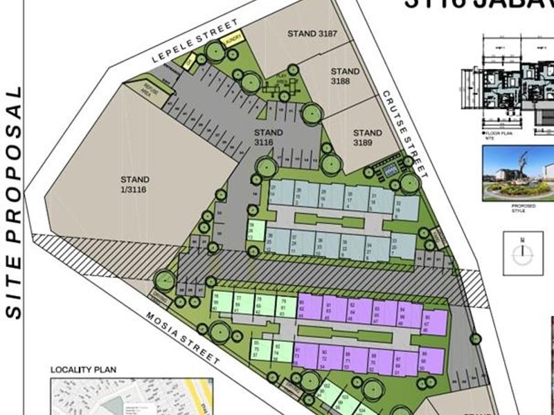 A site development plan showing the layout of 105 residential units, including parking, landscaping, and street access points.