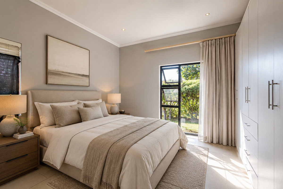 A well-lit bedroom featuring neutral tones, built-in floor-to-ceiling wardrobes, tiled flooring, and a glass door providing direct access to the garden.
