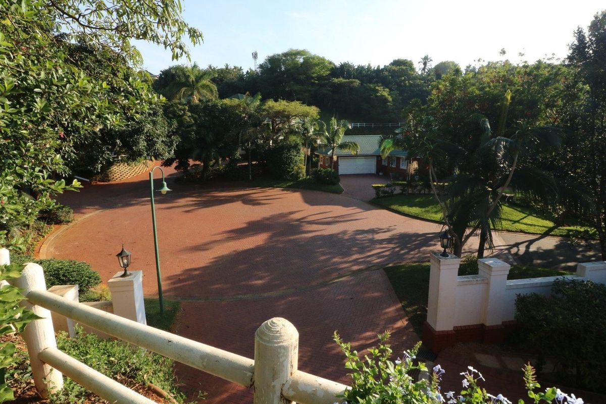 Elevated view of a spacious paved driveway leading to a garage, surrounded by established trees and landscaped garden areas.