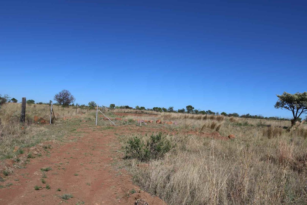 An expansive, undeveloped plot of land featuring natural dry grass, scattered trees, and perimeter wire fencing under a clear blue sky.