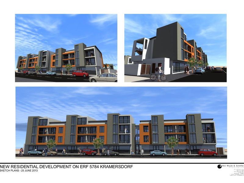 Architectural rendering of a proposed multi-story residential development featuring modern facade design, balconies, and ground-level commercial space.