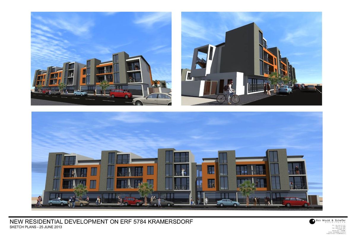 Architectural rendering of a proposed multi-story residential development featuring modern facade design, balconies, and ground-level commercial space.