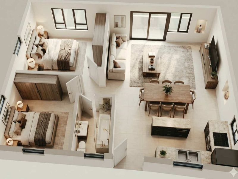 A high-angle 3D floor plan rendering of a modern apartment featuring an open-plan living area, kitchen, two bedrooms, and a central bathroom.