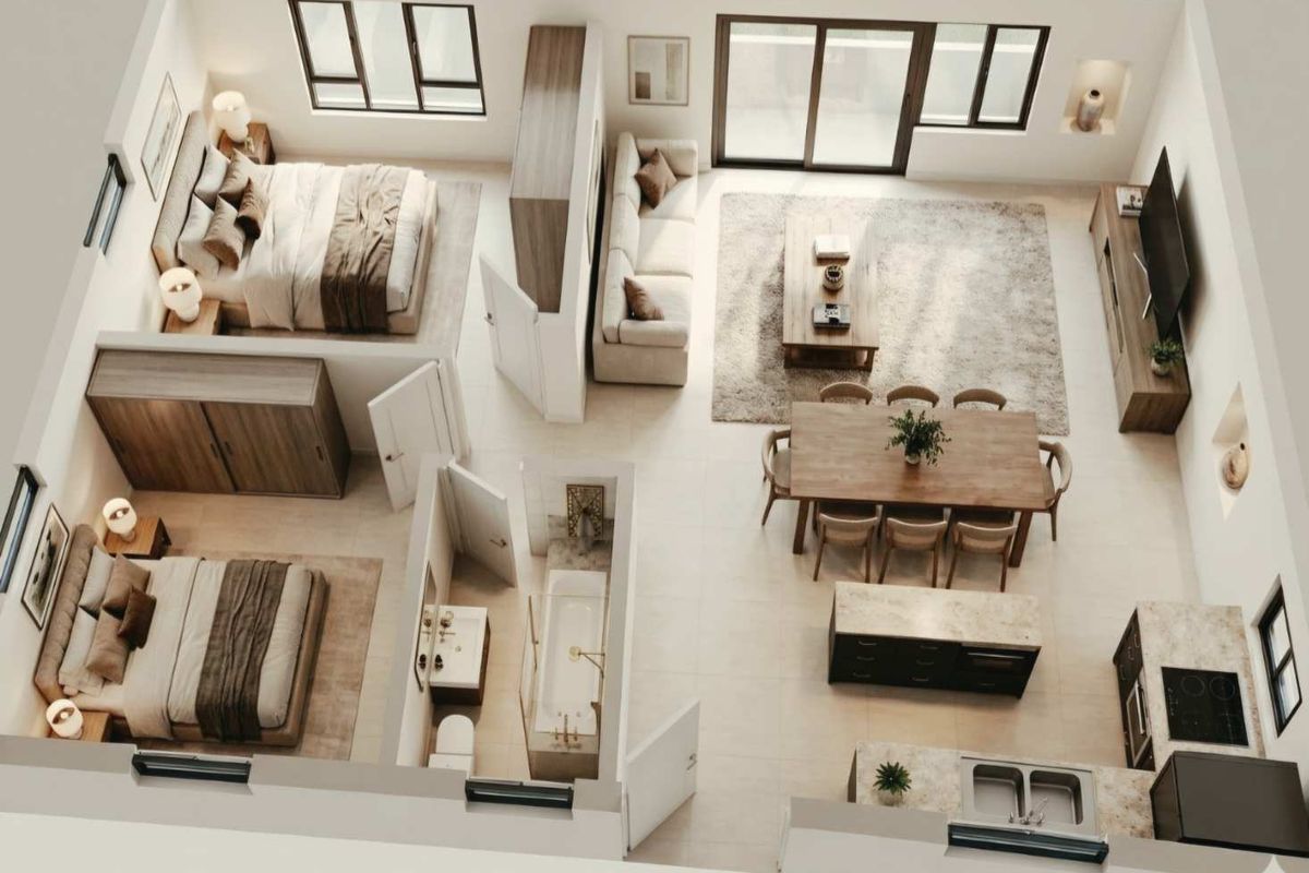 A high-angle 3D floor plan rendering of a modern apartment featuring an open-plan living area, kitchen, two bedrooms, and a central bathroom.