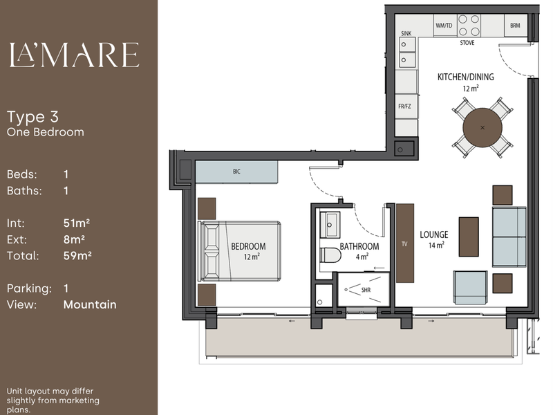 A detailed floor plan for a one-bedroom apartment unit, showcasing the layout of the kitchen, lounge, bedroom, bathroom, and balcony.